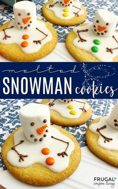 homemade iced snowman cookies with marshmallows on top