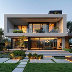 a large modern house with lots of windows and plants in the front yard at dusk