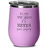 a purple wine tumbler with the words never give up on glory written in black ink