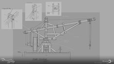 an image of a crane with drawings on the front and back side, in black and white