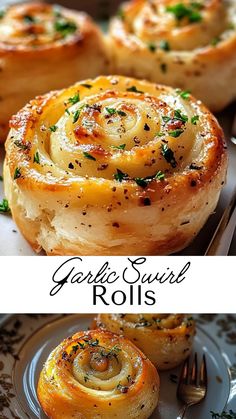 two different views of garlic swirl rolls on a plate