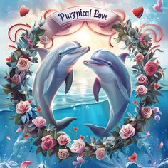 two dolphins are in the water with roses around them