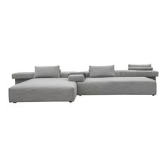 a large gray couch with pillows on the top and bottom corner, sitting in front of a white background