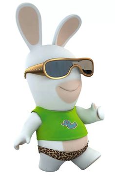 a white rabbit wearing sunglasses and a green shirt with leopard print under his leg, standing in front of a white background