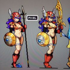 three female characters in different poses with swords and armor, one holding a sign that says pixel