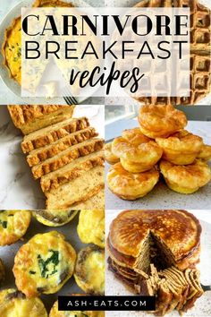 the collage shows different types of breakfast foods, including pancakes and waffles