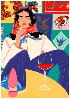 a painting of a woman sitting at a table with a wine glass in front of her