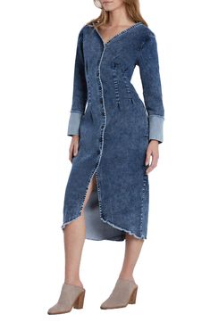 Tried-and-true denim gets an alluring update as this shapely midi dress flaunting lightly washed cuffs and distressed edges. 36" length V-neck Long sleeves Unlined 96% cotton, 3% polyester, 1% spandex Machine wash, tumble dry Imported Fitted Dark Wash Denim Midi Dress, Fitted Long Sleeve Washed Denim Dress, Medium Wash Denim Dress With Frayed Hem, Denim Dress With Frayed Hem For Fall, Medium Wash Fitted Knee-length Midi Dress, Fitted Medium Wash Midi Dress, Knee-length, Knee-length Washed Blue Denim Dress For Fall, Dark Wash Denim Dress With Frayed Hem For Fall, Denim Blue Dress With Frayed Hem