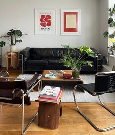 a living room with black leather furniture and potted plants on the wall behind it