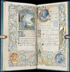 an open book with pictures and text on the pages, in blue trimmings