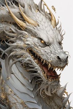 a white dragon with yellow eyes and sharp teeth