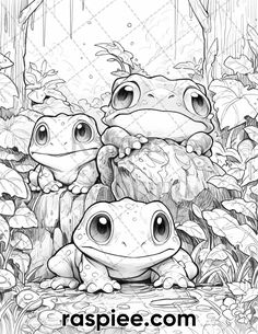 two frogs sitting on top of each other in the forest coloring page for adults and children