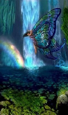 a painting of a fairy flying over a waterfall with a rainbow in the sky above