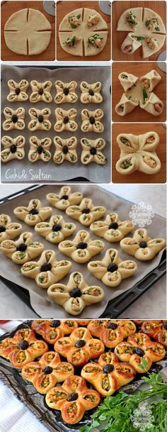 the process of making homemade appetizers is shown in several different stages, including fillings and toppings