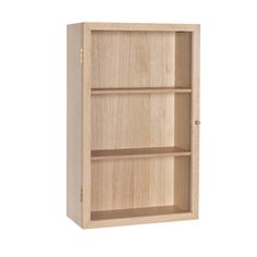 a wooden bookcase with two shelves on one side and an open door on the other