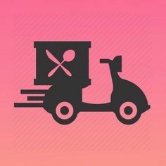 a pink background with a black and white image of a scooter carrying a box