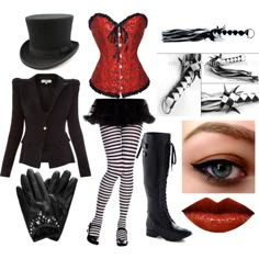 a woman in black and red is dressed up as a corset, hat, gloves