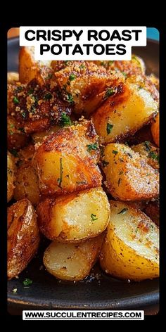 crispy roast potatoes on a black plate with the words crispy roast potatoes above it