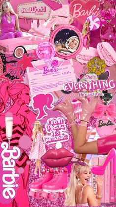 barbie doll collage with lots of pink items