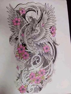 a drawing of a bird with pink flowers on it's wings and swirls