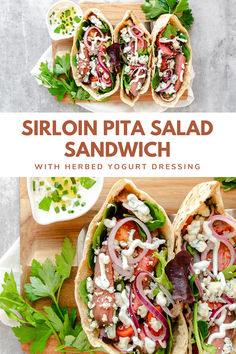 two pita sandwiches with shredded yogurt dressing and fresh herbs on the side