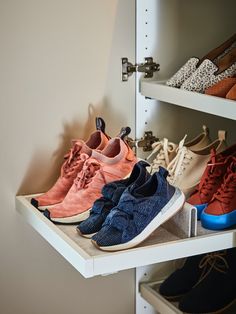 several pairs of shoes are lined up on shelves