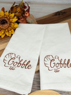 Pretty cotton napkins to dress your Thanksgiving holiday table. The turkey and wording "Gobble" add a touch of humor fitting for both, the bird and the meal! You will receive 1 pair (2) of napkins. PRODUCT DETAILS: 100% white cotton flour sack napkins, a favorite because they are virtually lint free! These napkins are casual, cotton napkins. Machine embroidered in a medium brown color. Each napkin is approximately 19" - 20" square. Pictures 2 and 4 show how far from the left edge of the napkin the embroidery is.  It is not centered on the napkins, but off to toward the side, when the napkin is open. All fabric was washed and dried before and after embroidery. Click here to return to the shop:  http://www.stitchinchicken.com Thank you! PLEASE READ MY SHOP POLICIES REGARDING SHIPPING, CANCEL Napkins Embroidery, Fall Decor Kitchen, Turkey Napkins, Square Pictures, Medium Brown Color, Thanksgiving Napkins, Linen Dinner Napkins, Embroidered Napkins, Thanksgiving Holiday