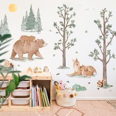 a child's room with a bear mural and bookshelf in the corner