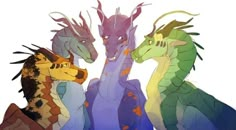 four different colored dragon like animals standing next to each other