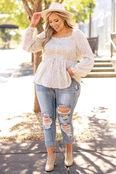 We love this beautiful top! This top has a mesmerizing ivory color with a trendy floral print that is perfect for the season! The smocked bodice and babydoll design is so chic! Style this top with distressed skinnies and booties for a sassy chic look! 100% Polyester Plus Size Cream Outfits, Plus Size Outfits Big Belly, Chic White Smocked Top For Fall, Casual Cream Top With Smocked Back, Casual Cream Tops With Smocked Back, White Smocked Top With Smocked Bodice For Fall, White Smocked Top With Ruffles For Fall, Fall White Smocked Top With Ruffles, White Smocked Top For Day Out In Fall