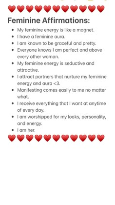 Affirmations to say outloud or write down. These help us feel more feminine or get in touch with our beautiful feminine energy 💕 #affirmations #feminineaffirmations #feminism #strongaffirmations #strongmanifesting #spiritual #lawofattraction #girlhood #womanhood #explore Manifest Feminine Energy, Affirmation For Feminine Energy, Get In Touch With Feminine Energy, How To Get In Touch With Feminine Energy, Divine Beauty Affirmations, High Energy Affirmations, Feminine Beauty Affirmations, Vision Board Feminine Energy, Beauty Manifestation Affirmations