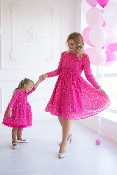 Mommy And Me Dress, Photoshoot Dress, Matching Dress for Mother and Daughter Mommy and Me party outfits in hot pink color made of lace with 3D flower appliques, fully cotton lined. Girl dress has tulle petticoat for extra fullnest. Mommy`s outfit is midi length A line dress with long sleesves. Daughter`s dress is below knee length tutu dress. Dresses can be tailored in different colors - peach, blush pink, lillac, purple, emerald, navy blue, baby blue, royal, hot pink, grey, black, light yellow, Mother Photography, Mommy And Me Dress, Mother Daughter Wedding, Dress Photoshoot, Mother Daughter Dress