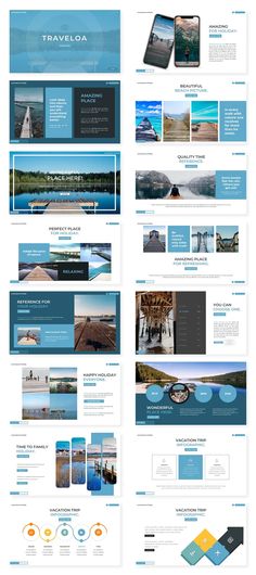 the website design for travel company is shown in blue and yellow colors, with an image of