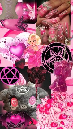 a collage of pink and black images with hearts, symbols, and other things