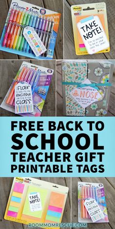 the back to school teacher gift printable tags are on display in this collage