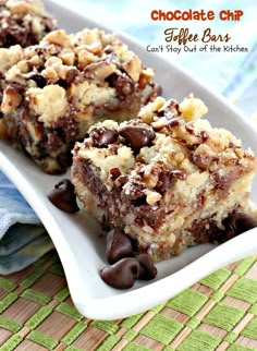 chocolate chip coffee bars on a white plate