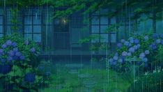 an anime scene with blue flowers and greenery in front of a house at night