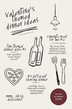 the ingredients for valentine's dinner are shown in this hand drawn recipe book, which includes