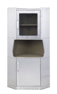 a white metal cabinet with two shelves on the front and one door open to reveal an empty shelf