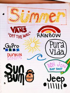 a piece of paper with various stickers on it that says summer off the wall