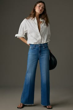 93% cotton, 5% polyester, 2% elastane Five-pocket styling Front zip Machine wash Imported | Anessa High-Rise Wide-Leg Jeans by PAIGE in Blue, Women's, Size: 25, Polyester/Cotton/Elastane at Anthropologie High Rise Pants Outfit, Spring Outfits Wide Leg Jeans, Wide Leg Jeans Fall, Paige Anessa Jeans, Jeans Tshirt, Wide Leg Denim Pants Outfit, Anthropologie Outfits, High Rise Wide Leg Jeans Outfit, Wide Leg Denim Outfit