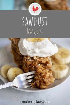 a close up of a plate of food with bananas and whipped cream on the top