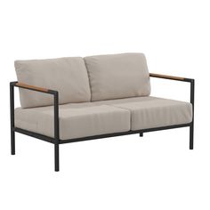 an outdoor sofa with beige cushions and black frame