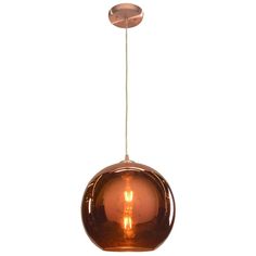 an orange glass light hanging from a ceiling fixture with a metal ring around the bulb