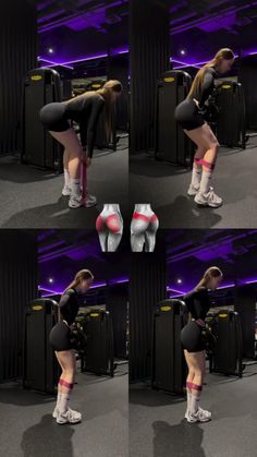 multiple images of a woman in tights and knee high boots posing for the camera