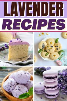 lavender recipe collage with images of cakes, cookies and desserts in the background