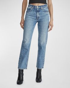 Get free shipping on Rag & Bone Harlow Jewel-Embellished Straight Cropped Jeans at Neiman Marcus. Shop the latest luxury fashions from top designers. Knitwear Accessories, Downtown Aesthetic, American Workwear, Rhinestone Jeans, British Heritage, Faded Jeans, Straight Crop Jeans, Rock On, Glam Rock