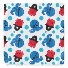 a white and blue pattern with red, black, and blue octopuses on it