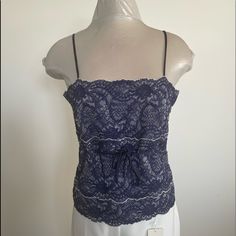 Kay Celine New With Tags! Blue Lace Tank Top With White Trim Size Xl Fits 10/12 Elegant Navy Sleeveless Top, Chic Blue Camisole Top, Navy Fitted Top For Night Out, Sleeveless Blue Lace Tops, Blue Lace Sleeveless Tops, Blue Casual Lace Top, Casual Blue Lace Top, Blue Lace Tops For Spring, Blue Fitted Lace Top