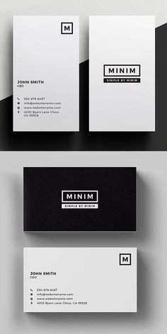 two black and white business cards with the letter m on them, both in different colors